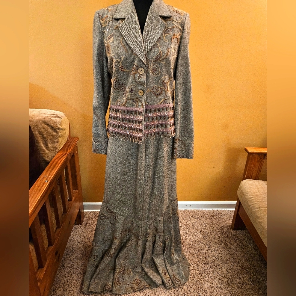 Vintage Valentino Brown and Gray Beaded Jacket and Skirt Set
